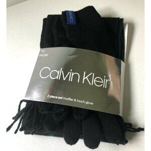 Calvin Klein Women's 2 PC Varsity CK Scarf, Knit Touch Glove, Adrenaline Blue